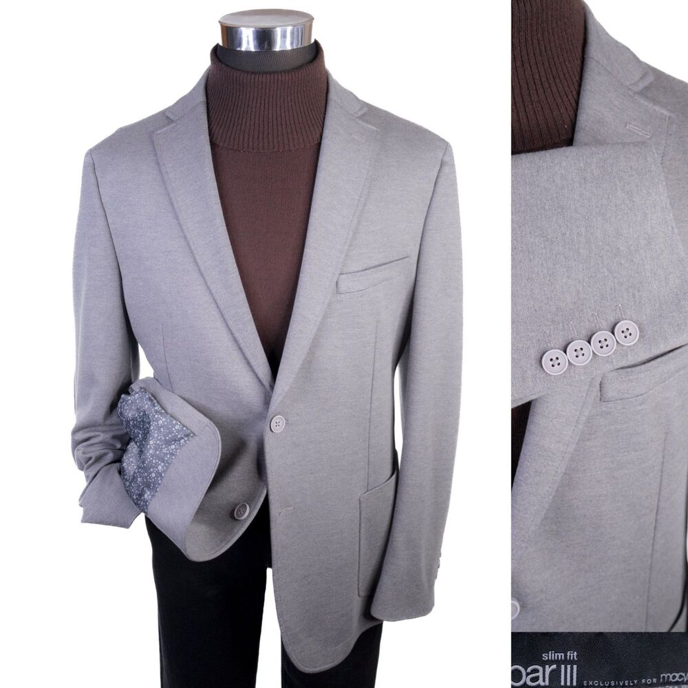 BAR III Blazer Sport Coat Blazer Sz 44R Solid Gray Poly Blend 2-Button Jacket